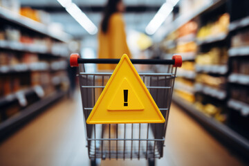 A shopping cart with a caution sign on it Price increases, quality cuts decrease satisfaction of consumers. Yellow warning sign on a shopping cart. - obrazy, fototapety, plakaty