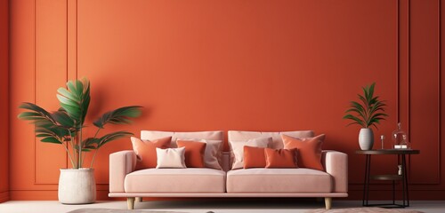 Immerse yourself in the tropical vibes of a living room, featuring fiery red walls and an empty mockup frame.