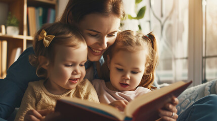 Mother reading a book with her baby girls at home, mom and child spending time together - obrazy, fototapety, plakaty