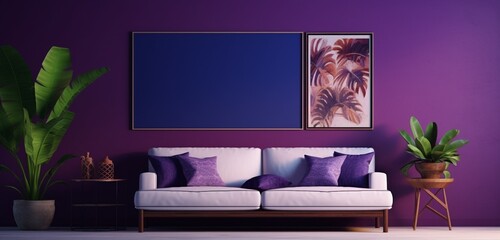 Inviting living space with tropical elements, an empty frame on a deep purple wall. A blank canvas for your creativity.