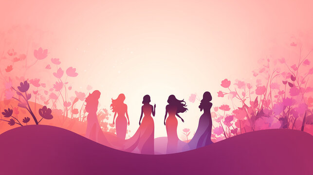 Group of women walking in harmony, adorned in shades of pink and purple