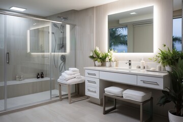 Modern bathroom interior with large mirror and bright lighting