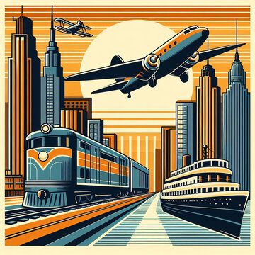 Various Art Deco Style Transportation Illustrations