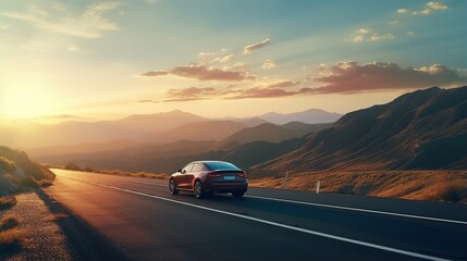 A red car drives along a winding road through the mountains at sunset, - obrazy, fototapety, plakaty