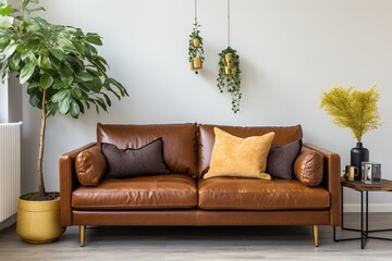 Brown leather sofa in a living room