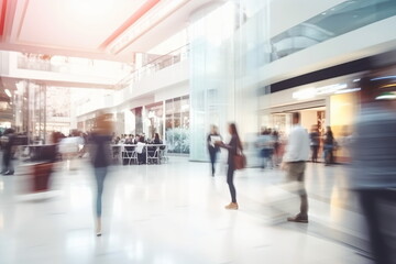 Blurred motion of people walking in a shopping mall,