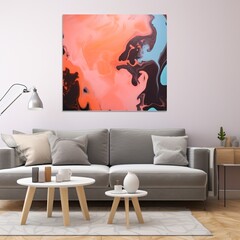 Abstract painting with blue, pink and black colors