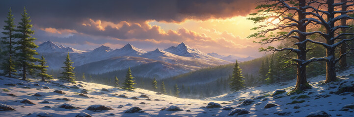 A majestic winter landscape: evergreen trees and snowy mountains under a colorful cloudy sunset sky. Generative AI