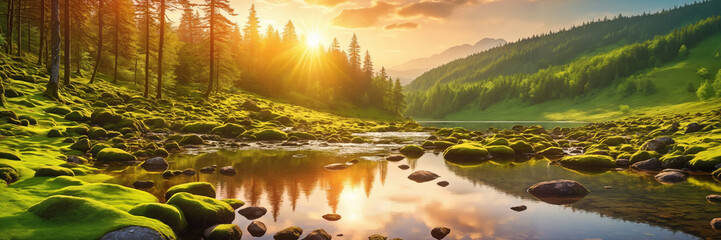 Tranquil sunset scenery: a small river meandering near a lush forest, with the sun casting a warm glow over the serene landscape. Generative AI