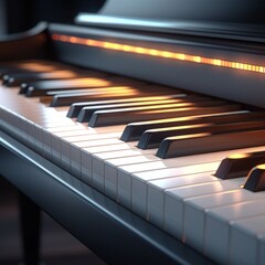 Close-up of piano keys with warm lighting, Intimate perspective of a classic piano