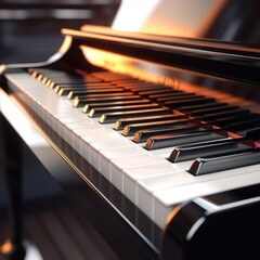 Piano keys basked in a golden glow, musical instrument focused on black and white keys