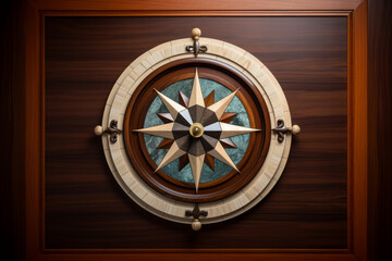 Framed compass on a wooden slat wall made of polished inlaid stone and wood
