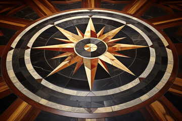 Floor decor compass made of polished inlaid stone and wood, dark grey rings and light colored directional