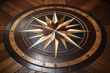 Naklejka premium Floor decor compass made of polished inlaid stone and wood, wooden cardinals in a hardwood floor