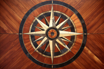 Wall decor compass made of polished inlaid stone and wood, light cardinals over dark rings and wooden wall
