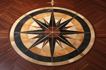Floor decor compass made of polished inlaid stone and wood, dark cardinal directions over a light tope circle, hard wood floor