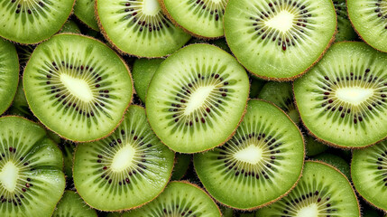 A Vibrant Mosaic of Freshly Sliced Kiwi Rounds Displaying a Symphony of Patterns and Shades of Green
