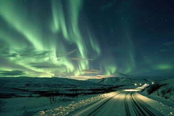 Northern lights (aurora borealis) over a snowy landscape