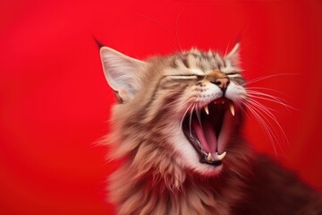 Upset cat, kitten screaming and crying with opened mouth. fluffy home pet is angry and swears on a red background.