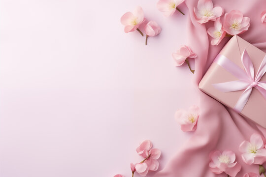 Beautiful, stylish Mothers Day or Valentines Day background or banner. Flowers and presents with copy space