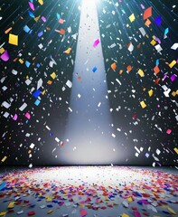 Multicolored colorful confetti rain on festive stage with light beam in the middle, empty room at night with copy space for award ceremony, jubilee, New Year's party or product presentations  - obrazy, fototapety, plakaty