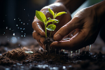 Hands Watering Buds on the Earth, Close-Up of Hands Caringly Nourishing a Growing Seedling in Observance of World Environment Day