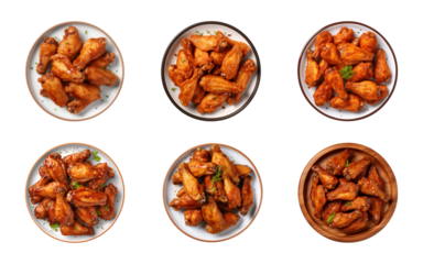 collection plate of chicken wings isolated on a transparent background, top view