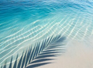 Palm leaf shadow on abstract transparent blue water wave from above, empty sunny beach background concept for travel, vacation and beauty care with copy space