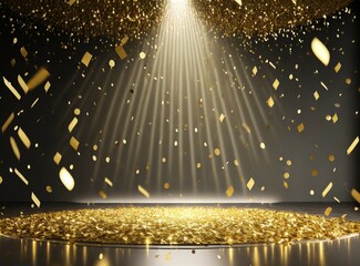 golden confetti rain on festive stage with light beam in the middle, empty room at night with copy space for award ceremony, jubilee, New Year's party or product presentations 