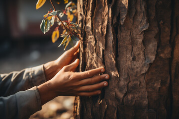 Hands Caressing a Tree Stump, Hands Tenderly Touching a Majestic Tree for Marking World Environment...
