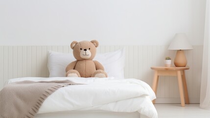 A lonely teddy bear sits on a bed in a sparsely furnished room