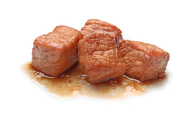 Pieces of delicious cooked beef isolated on white. Tasty goulash