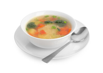 Delicious vegetable soup with noodles and spoon isolated on white