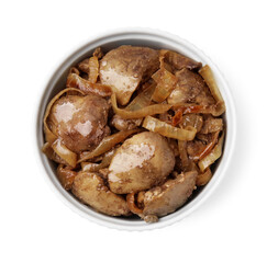 Delicious fried chicken liver with onion in bowl isolated on white, top view