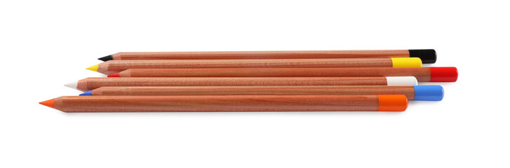 Colorful pastel pencils isolated on white. Drawing supplies
