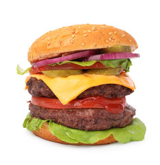 Tasty cheeseburger with patties and tomato isolated on white
