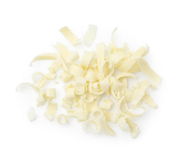 Pile of tasty chocolate shavings isolated on white, top view