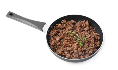 Fried ground meat and thyme in frying pan isolated on white