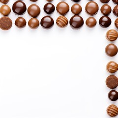 Various chocolates arranged on white background