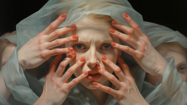 In an evocative portrayal, a woman with an apprehensive look hides her face beneath numerous hands, creating an emotional visual narrative.