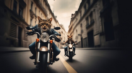 gang of aggressive cats motorcyclists rides around the city on a motorcycle