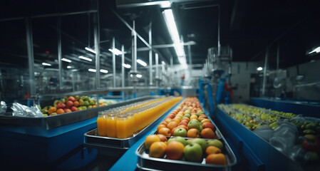 production of juice from fruits and berries at the factory, conveyor with bottles of juice. - obrazy, fototapety, plakaty