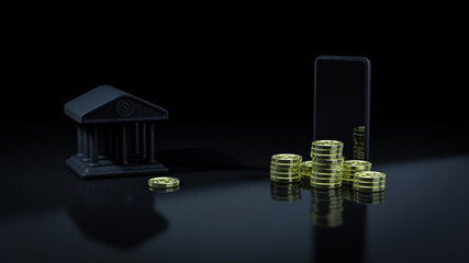 Saving money. Investment concept. stack of coins in front of personal investment and bank icons. Black background. 3d rendering