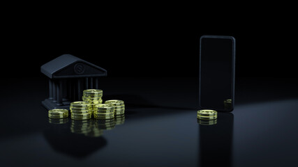 Saving money. Investment concept. stack of coins in front of personal investment and bank icons. Black background. 3d rendering