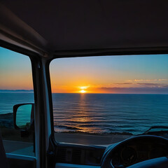 Sunset in front of the sea from inside a van