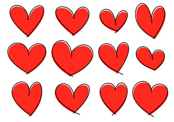 Set of red hearts icons. Hand drawn line art effect, Happy Valentine's day card or banner or letter template.