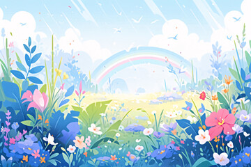Fototapeta na wymiar Beautiful spring outdoor landscape cartoon illustration, Beginning of Spring festival concept illustration background