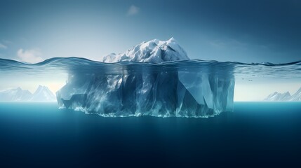 Amazing iceberg with a hidden iceberg underwater in the ocean. The tip of the iceberg, a concept. Creative idea of a hidden danger. Global warming and melting glaciers