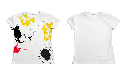 T-shirt before and after using detergent on white background