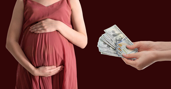 Surrogacy. Intended mother with money and pregnant woman on dark red background, closeup. Banner design